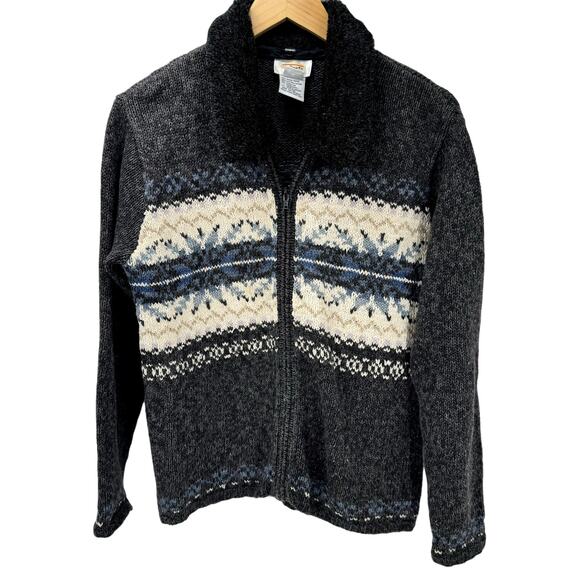 Talbots Sweater Womens Small Hand Knit Cardigan Full Zip Fair Isle Gray Cream - Picture 1 of 8